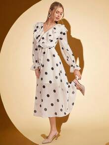 Amorya Robe longue vintage élégante à col V, volants et taille à pois, coupe évasée. Convient pour les sorties et de multiples occasions, automne - Multicolore - Voir 3