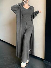 DAZY Damski, jednokolorowy, dzianinowy kardigan z długim rękawem, bezrękawnik z dzianiny i spodnie z dzianiny, 3 części, zestaw casualowy, jesień/zima - Szary - Zobacz 8