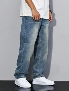 Manfinity Homme 休闲宽松直筒男士宽松牛仔裤纯色深蓝色长直筒洗水牛仔裤洗水工装牛仔裤，适合老公、男朋友的礼物 - 藍色 - 查看 6