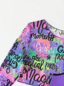 Tween Girl 拼色装饰吊带上衣，圆领长袖全身印花比基尼上衣和下装，随机印花，青年 - 紫色 - 查看 5