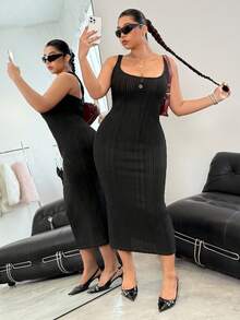 SHEIN EZwear 加大码纯色拉绒罗纹纽扣细节休闲吊带连衣裙，百搭秋冬装 - 黑色 - 查看 3