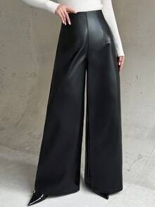 Firerie 女士新款优雅休闲百搭高腰宽松阔腿裤，黑色 PU 皮革，适合日常通勤、秋冬、机场、教师和办公室穿着 - 黑色 - 查看 1
