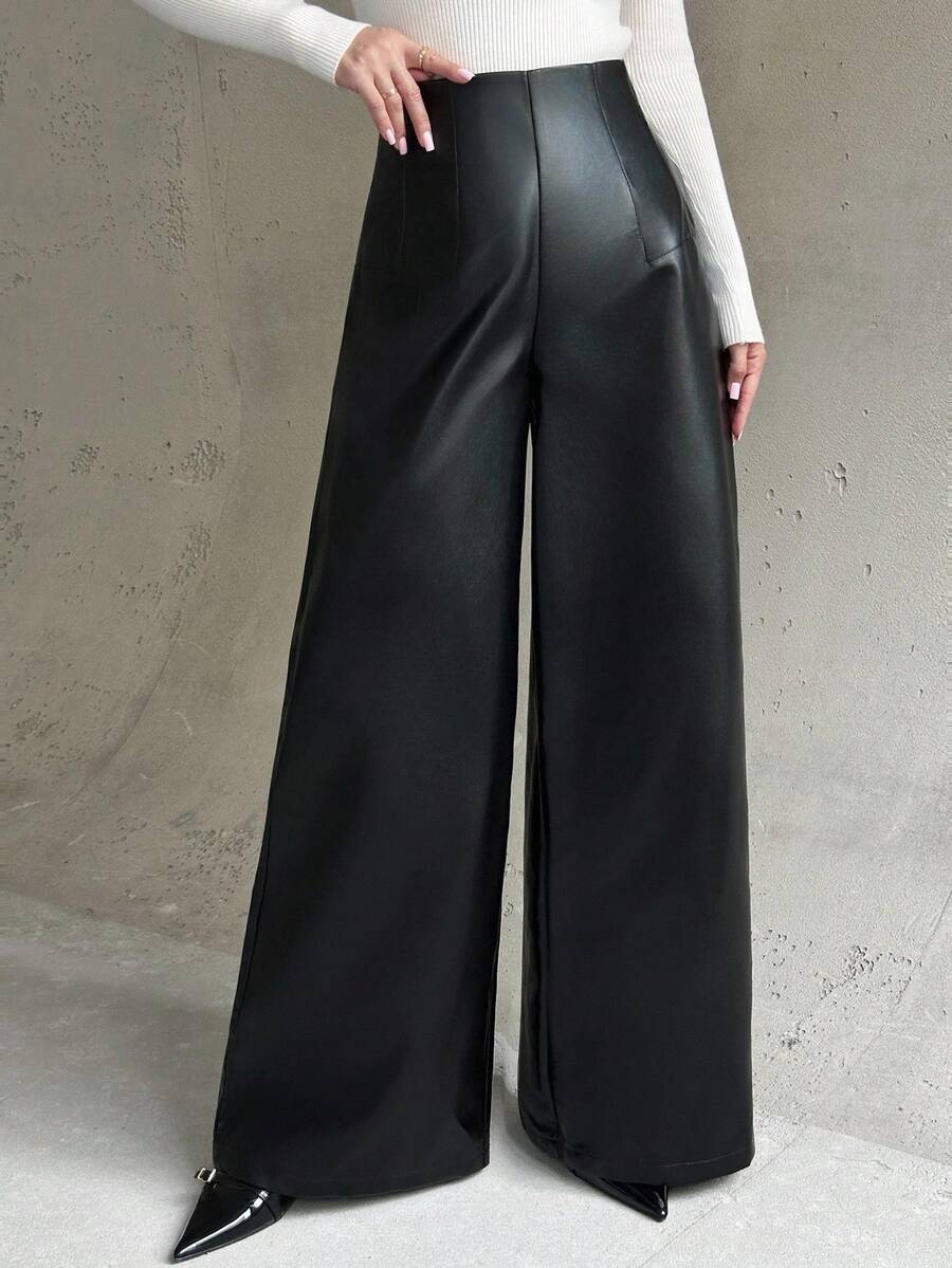 Firerie 女士新款优雅休闲百搭高腰宽松阔腿裤，黑色 PU 皮革，适合日常通勤、秋冬、机场、教师和办公室穿着 - 黑色 - 查看 1