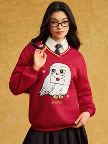 HARRY POTTER X SHEIN Women's Cute Hedwig Letter & Cartoon Owl Embroidery V-Neck Long Sleeve Pullover Sweatshirt,Red Fleece Sweatshirt,Fall  Winter Christmas - Red - View 5