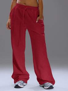 MUSERA Distressed Wide Leg Baggy Joggers Cosy Cute Casual Basic Fall Autumn Everyday Winter Christmas Lounge Thanksgiving - Burgundy - View 2