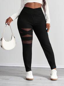 SHEIN PETITE CURVE Quần legging màu trơn cơ bản hàng ngày cỡ lớn dành cho nữ Quần legging màu đen dành cho nữ Quần legging bó cho nữ Quần legging bó - màu đen - Xem 4