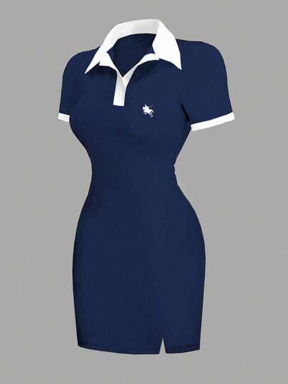 INAWLY Vestido camiseta ajustado con cuello polo y bordado elegante