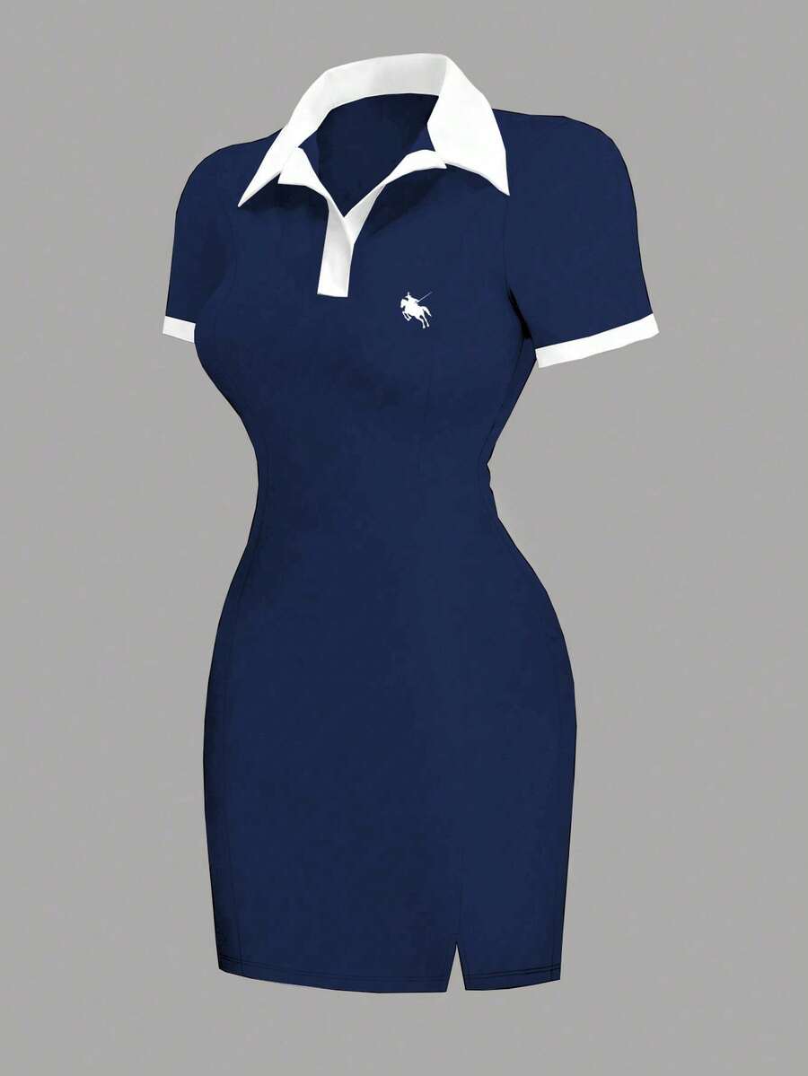 INAWLY Vestido camiseta ajustado con cuello polo y bordado elegante