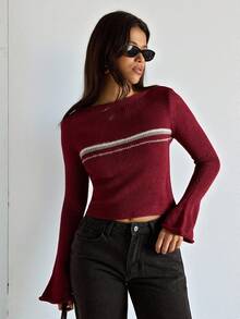 SHEIN BAE 女式简约常规喇叭袖圆领毛衣上衣 - 酒紅色 - 查看 8