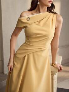 ZEYLAH Contrast Color Metal Buckle Decor Waist Midi Dress For Women - Yellow - View 6