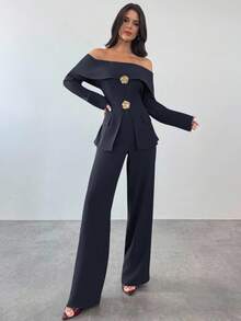 Firerie 女士优雅露肩长袖上衣和裤子两件套，适合秋冬通勤 - 藏蓝色 - 查看 9