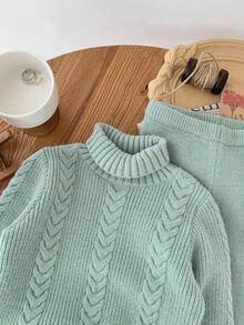 SHEIN Young Girl Cable Pattern Turtleneck Long Sleeve Sweater And Knitted Pants Casual Set, Autumn/Winter Fall - Green - View 3