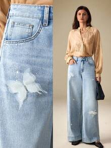 SHEIN Frenchy Damen Lässig Everyday Verwaschen Schrägtasche Destroyed Gerade Bein Jeans - Blau - Übersicht 1
