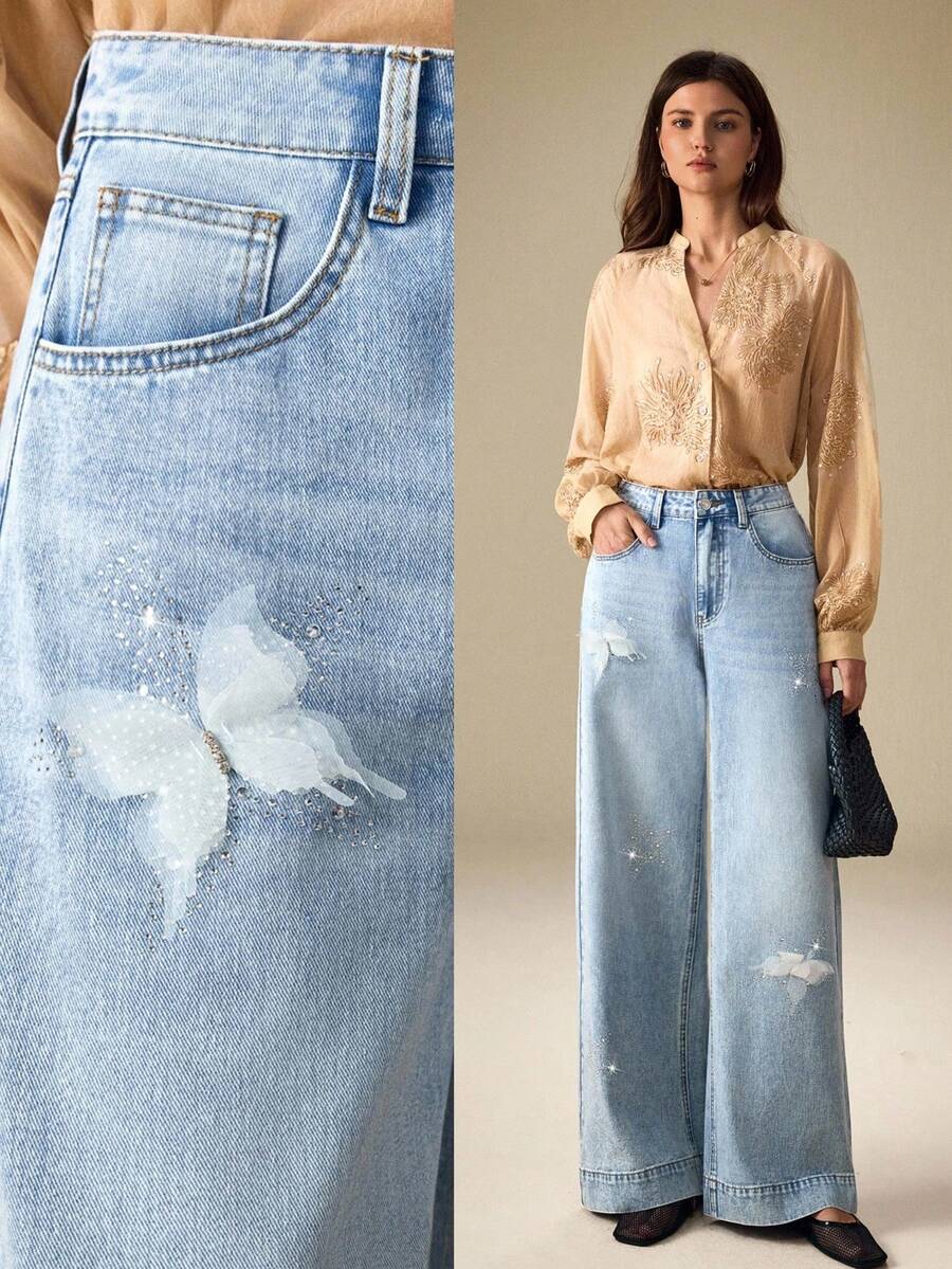 SHEIN Frenchy Damen Lässig Everyday Verwaschen Schrägtasche Destroyed Gerade Bein Jeans - Blau - Übersicht 1