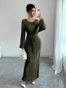 Elenzga Đầm dài thắt eo thanh lịch cỡ tiêu chuẩn dành cho nữ - xanh quân đội - Xem 4