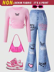 SHEIN Explorewe 2 pièces/set Combinaison ample à manches longues, taille froncée, nœud papillon, motif papillon, style décontracté et mignon, pour toutes les saisons, pour filles - Multicolore - Voir 5