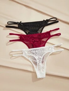 Charlaine 3 piezas/paquete Bragas tipo tanga de mujer con lazo de encaje y talle bajo