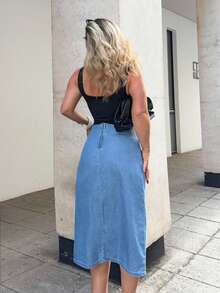 Jeta Ari Váy denim dài vừa phải thường ngày cho nữ, bó sát, màu xanh - Rửa trung bình - Xem 2
