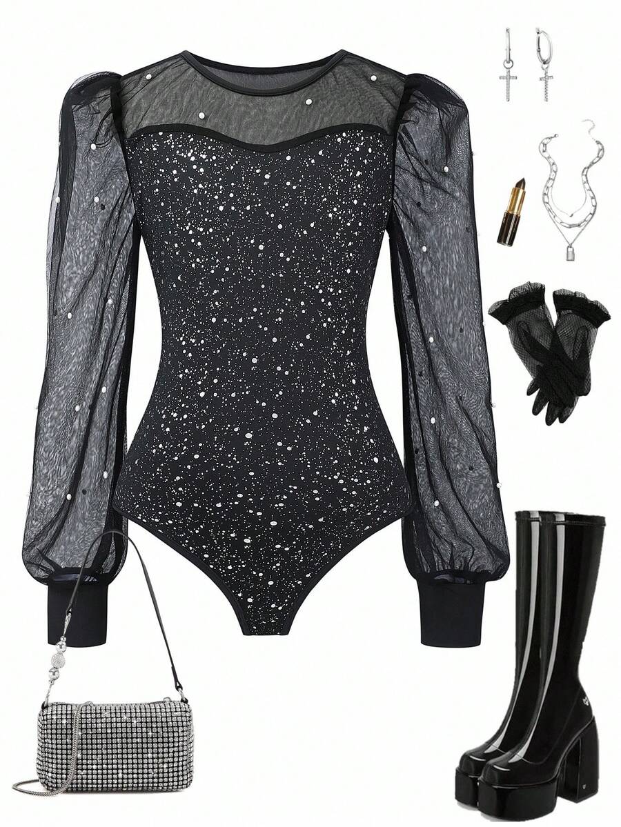 Teens' European & American Style Pearl Mesh Bodysuit Fall Winter - Black - View 1