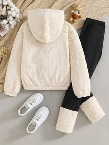 2 件套女童连帽长袖毛茸茸上衣，带有可爱动物刺绣和毛茸茸松紧腰紧身裤套装，休闲日常穿着，秋冬 - 杏色 - 查看 2