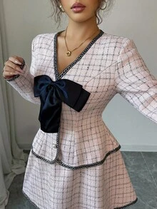 Elenzga V-Neck Bow Design Floral Tweed Jacket & Skirt 2 Pieces Set, Elegant & Sophisticated For Commute, Date, Formal Occasions, Autumn/Winter - Pink - View 5