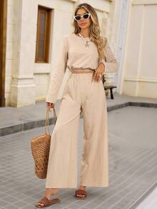 Brillora Autumn And Winter Outdoor Holiday Date Outfits, Autumn And Winter Outdoor Vacation Crew-Neck Long-Sleeved Shirts And Loose Wide-Leg Pants With High Slit Pants For Women, Summer Beach Outfits For Holidays, School Uniforms, Very Simple Outfits, Women's Country Outfits, Office Wear, Old Money Wear, Teacher Wear, Date Wear, Graduation Season, Women's Suits - Apricot - View 5