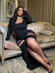 NU&NOW 大码时尚性感镂空高开叉修身连衣裙 - 黑色 - 查看 7