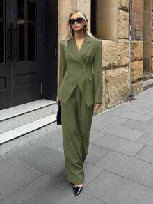 Aloruh Bộ vest blazer và quần âu cơ bản dành cho nữ, mặc đi làm và mặc hàng ngày, mùa thu - Màu xanh Ô liu - Xem 6