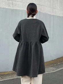 FRIFUL Áo khoác nữ cổ tròn, vạt rộng, xếp ly, phối nhiều lớp, trang trí cúc kim loại, kiểu dáng thường ngày, áo khoác mùa đông nữ. - Xám - Xem 5