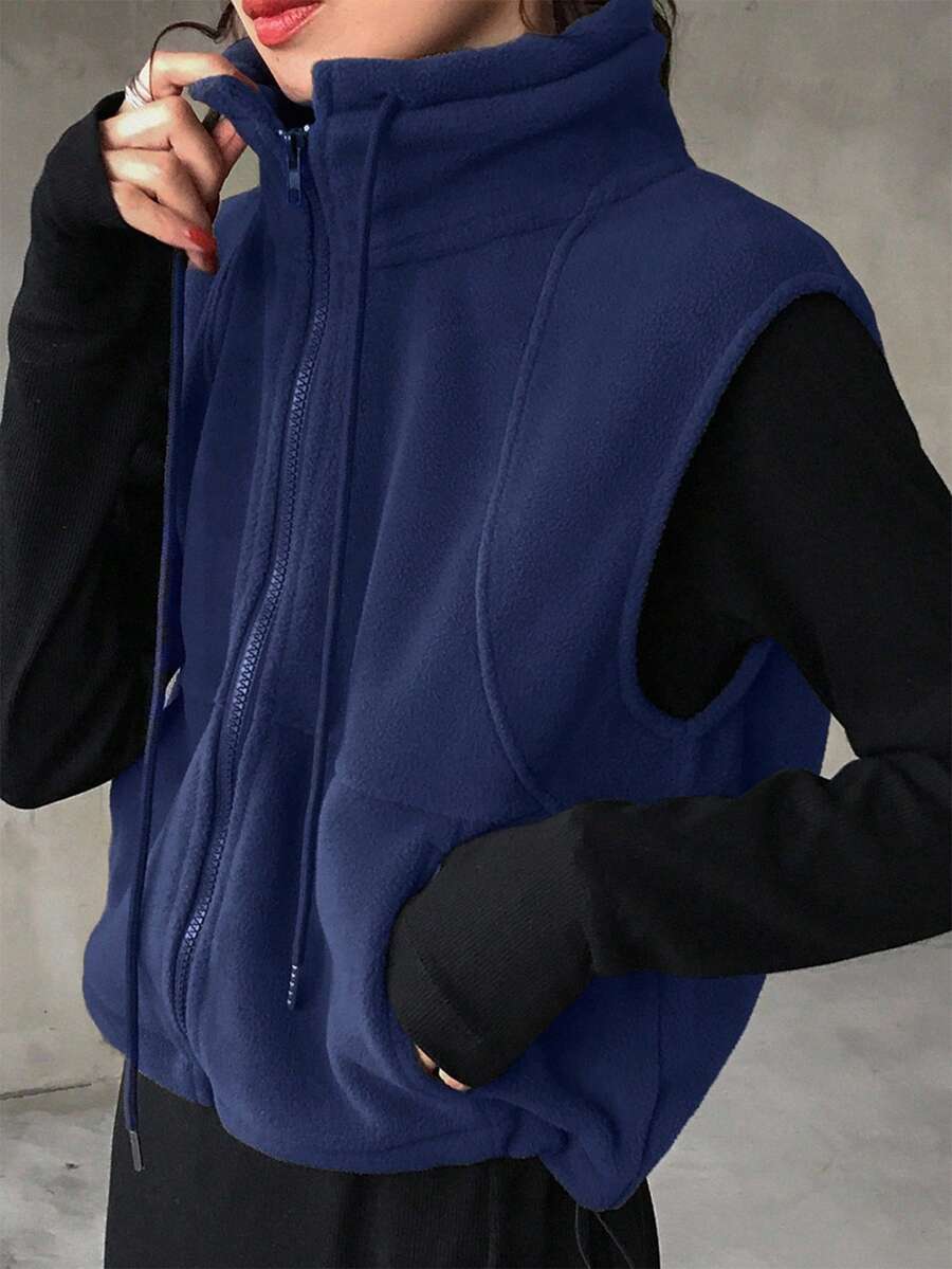 FRIFUL 女士休闲纯色无袖夹克，适合秋冬背心 - 藏蓝色 - 查看 1