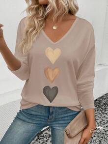 INAWLY Women's V-Neck Flare Sleeve Gradient Heart Print Casual Long Sleeve T-Shirt, Versatile Best Seller Fall Cloth For Women