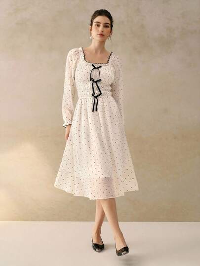 Cévolie 女士优雅圆点腰收腰长袖超长连衣裙