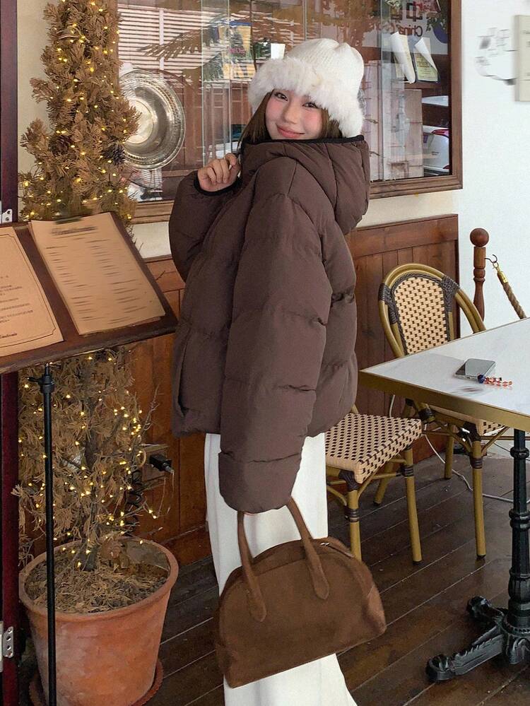 Women's Loose Hooded Padded Quilted Jacket, Solid Color, Thick Thermal Lining, Autumn/Winter Women Coats