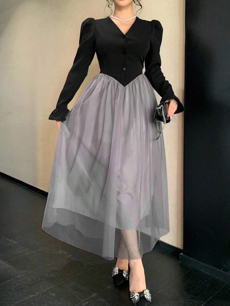 Women's Contrast Color V-Neck Long Sleeve Button Half Placket Mesh Hem Elegant Mid-Length Dress