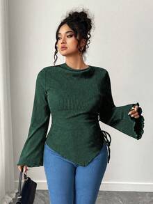 Elenzga Plus Size Casual/Work Solid Color Flared Sleeve Asymmetric Hem T-Shirt - Green - View 4