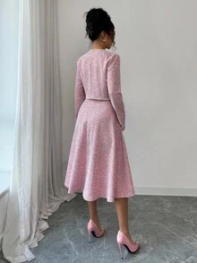 Elenzga 2 件套女士初秋约会装，适合返校，教师装，成熟优雅 OL 通勤商务休闲办公室风格，法式浪漫甜美韩版串珠收腰 A 字中长连衣裙和长袖短外套，粉色 - 粉色 - 查看 2