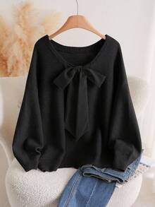 SHEIN CURVE+ 加大码圆领蝴蝶结针织套头毛衣，圣诞节 - 黑色 - 查看 1