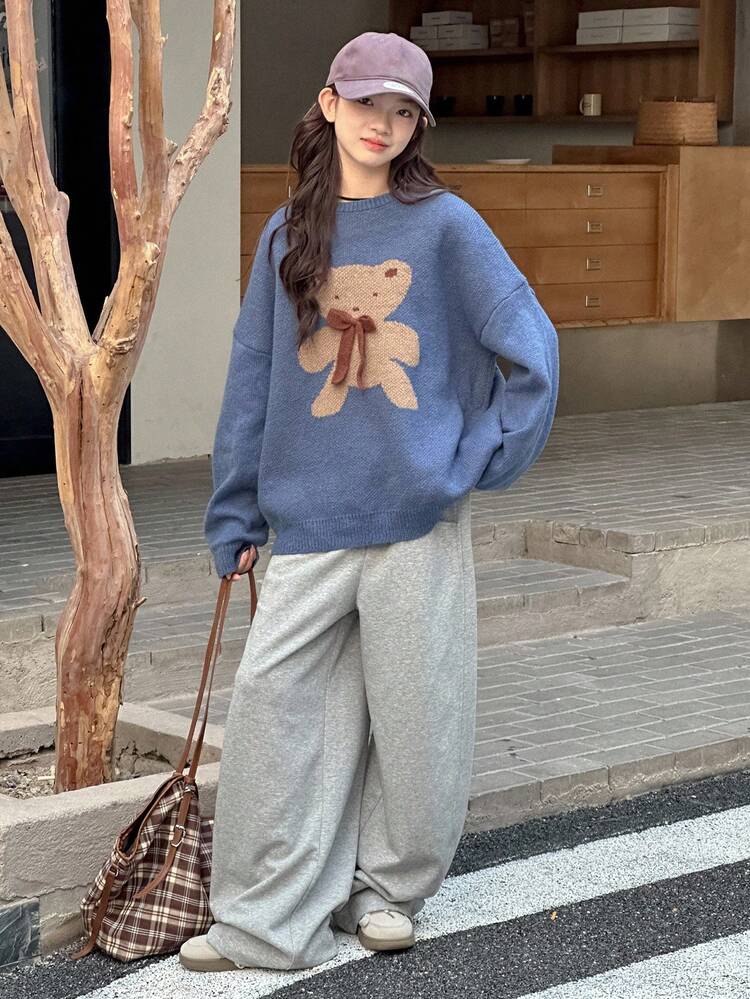 Oversized Teddy Bear Jacquard Knit Sweater, Sweet Style For Teens, Autumn