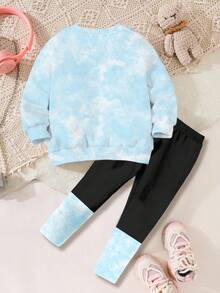 SHEIN 2pcs/Set Teen Girls Cute Cartoon Blue Rabbit Lulu, Stitch Pattern Tie-Dye Sweatshirt And Leggings Set, Comfortable Loose Fit Crew Neck Pullover And Skinny Pants, Suitable For Autumn/Winter Daily Wear, Casual Outfits , Easy Comfort, Autumn/Winter Layers For Girls, Stylish Kids, Casual Wear, Kids Graphic Clothes, Fall/Winter Clothes