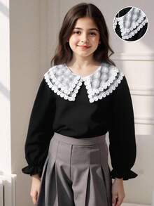 女孩优雅蕾丝边刺绣双层彼得潘领长袖休闲公主衬衫，适合度假、旅行、派对、生日礼物，春秋季 - 黑色 - 查看 1