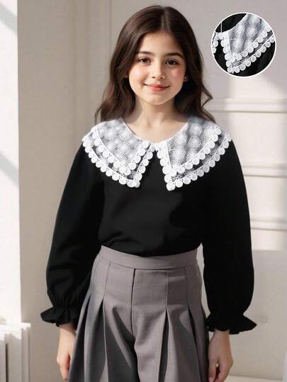 女孩优雅蕾丝边刺绣双层彼得潘领长袖休闲公主衬衫，适合度假、旅行、派对、生日礼物，春秋季