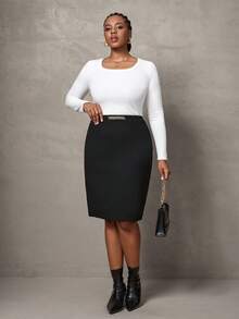 SHEIN Tall CURVE Gerade Röcke mit Ketten-Detail, Bürooutfits für Frauen - Schwarz - Übersicht 5