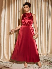 Cravure Rochie maxi din satin solid, fără mâneci, cu decolteu în V, pentru femei, mărime mare, potrivită pentru festivaluri, gale, întâlniri, ocazii formale - Burgundia - Vizualizare 4