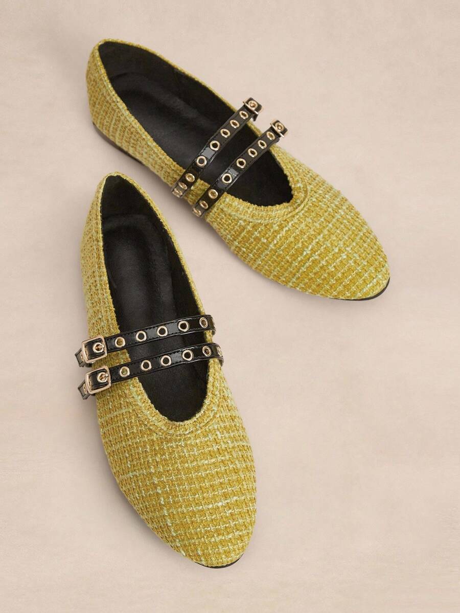 Rosivie 2025 Zapatos de moda de nicho tejidos a mano, nuevos planos de ballet con doble hebilla para mujer - Amarillo - Ver 1