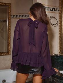 Aloruh Blusa morada de mujer con cuello de corbata, mangas abombadas y volantes, de estilo romántico y elegante, suelta y holgada, para otoño/invierno, blusa elegante y chic para mujeres, para citas y salidas nocturnas - Morado - Ver 3