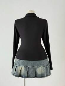 Sweetra Plus Size Women Vintage Casual Street Style Collared Button-Up Shirt, Sexy Solid Textured Long Sleeve Tee For Commute, Daily Wear, Back To School, Halloween, Layering Fall Cloth For Women - Black - View 2