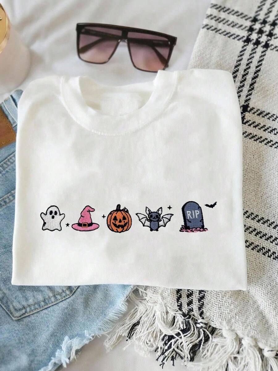 INAWLY 女式南瓜与幽灵刺绣圆领休闲宽松T恤 - 白色 - 查看 1