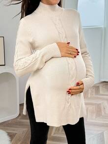 SHEIN 孕妇纯色高领长袖开衩休闲套头衫 - 卡其色 - 查看 3