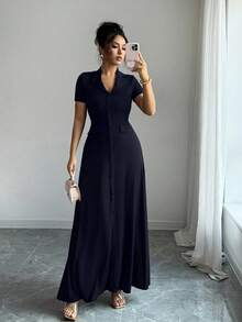 Elenzga Elegant Commuter Brown Lapel Waist Slimming Button Decor A-Line Back Bowknot Short Sleeve Maxi Dress For Women - Navy Blue - View 7