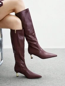 CUCCOO BIZCHIC 女士时尚尖头勃艮第酒红色简约优雅百搭侧拉链细高跟及膝靴 - 酒紅色 - 查看 4